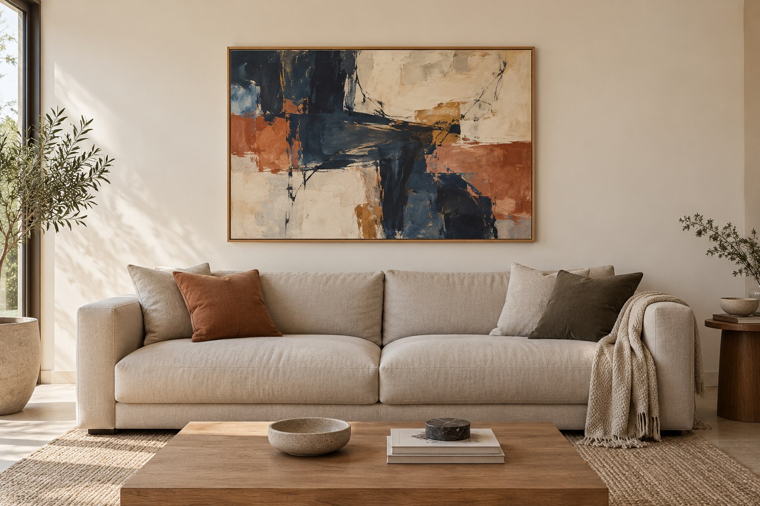 Montaje digital de un cuadro en la pared de un living contemporáneo