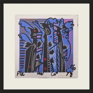 Encuentro en azul, de Totoy Zamudio, 2026. Obra original con propuesta digital de marco negro de 3 cm y paspartú crudo de 10 cm. Tela de 55 × 55 cm; medida final 81 × 81 cm.